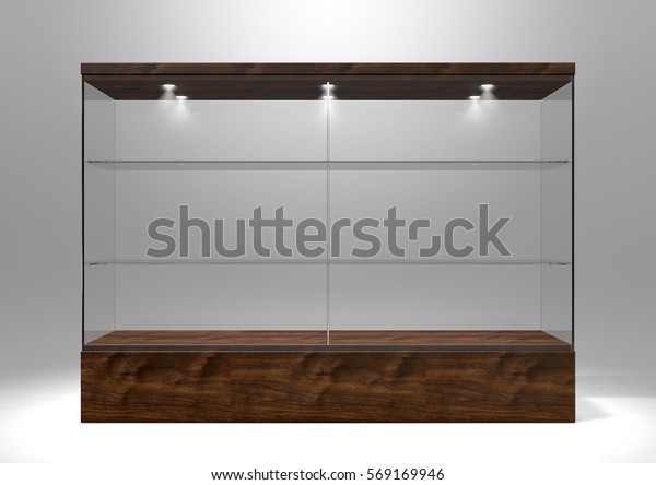 An empty rectangular glass display cabinet with\
a wooden base and lid and glass shelves on an isolated studio\
background - 3D\
rendering