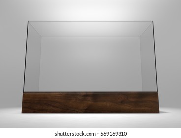 An Empty Rectangular Glass Display Case With A Wooden Base On An Isolated Studio Background - 3D Rendering