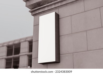 Empty rectangular white stopper on concrete building. Ad and sign concept. Mock up, 3D Rendering