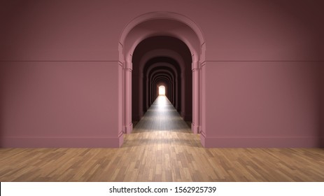 Empty red architectural interior with infinite arch doors, endless corridor of doorway, walkaway, labyrinth. Move forward, opportunities, business, future, concept with copy space, 3d illustration