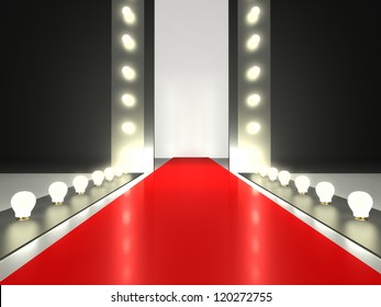 Empty red carpet, fashion runway illuminated by glowing light