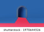 Empty red catwalk or podium on blue arch and gold tube. Abstract minimal studio 3d geometric shape object. Mockup space for display of product design. 3d rendering.