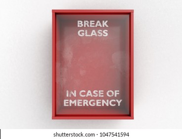 An empty red emergency box with an in case of emergency breakable glass on the front on an isolated background - 3D render