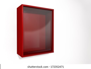 An empty red emergency box with an in case of emergency breakable glass on the front on an isolated background