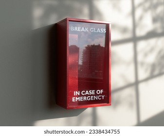 An empty red emergency box with an in case of emergency breakable glass on the front mounted on a wall - 3D render