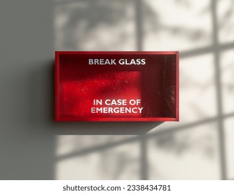 An empty red emergency box with an in case of emergency breakable glass on the front mounted on a wall - 3D render