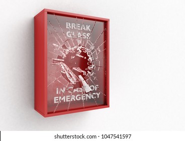 An empty red emergency box with a shattering in case of emergency breakable glass on the front on an isolated background - 3D render