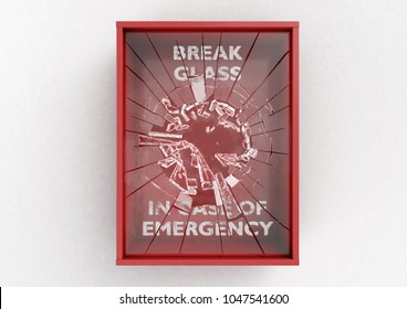 An empty red emergency box with a shattering in case of emergency breakable glass on the front on an isolated background - 3D render