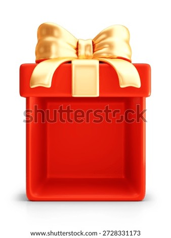 Empty red gift box 3d illustration with golden bow. Open present container for product display or promotion mockup isolated on transparent background for celebration and surprise.