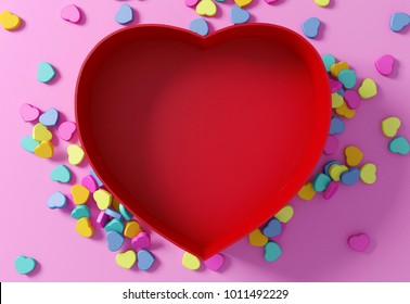 Empty red heart shaped box with mini hearts on pink background, 3D rendering