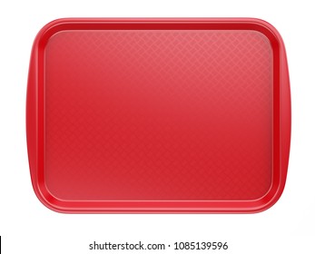 Empty Red Plastic Tray Salver With Handles Isolated On White. 3d Rendering