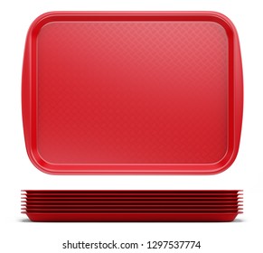 Empty Red Plastic Tray Salver With Handles Isolated On White. 3d Rendering