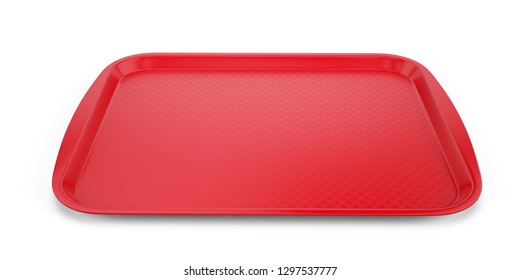 Empty Red Plastic Tray Salver With Handles Isolated On White. 3d Rendering