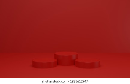 Empty Red Platform For Showing Product. Podium In Red Studio Room. 3d Render