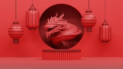 Empty Red Podium Display With Dragon Sculpture, Luxury Asia Chinese Ornament Style, 3d Rendering