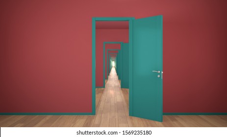 Empty red and turquoise architectural interior, infinite open doors, endless corridor of doorway, walkaway, labyrinth. Move forward, opportunities, future, concept with copy space, 3d illustration