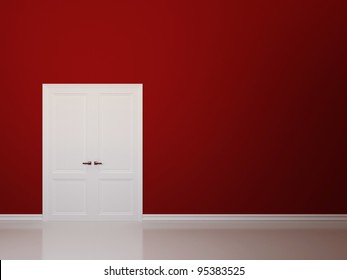 Empty Red Wall And White Double Door