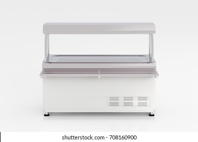 Empty Refrigerated Display Of Food Service Counter. Isolated With Clipping Path. 3d Illustration.