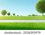 Empty road is running along a beautiful green landscape with lush trees under a blue sky. 3D rendering