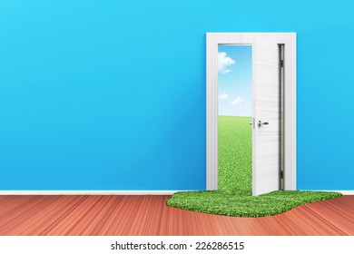 Empty Room 3D Interior with Opened Door and Beautiful Landscape behind