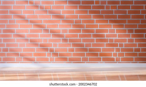 Empty Room With Arched Window And Shiplap Flooring. Brick Wall In Loft Interior Mockup. Studio Or Office Blank Space.3d Rendering.