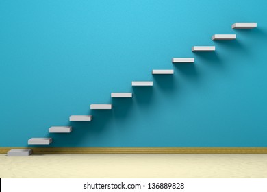 Empty Room With Ascending Stairs, Blue Rough Wall, Beige Floor And Plinth