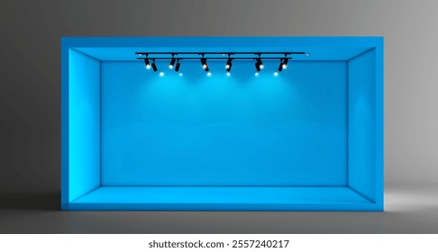 Empty room background. Wall and floor room. Exhibition office render space. Cube box showroom interior for promotion. Rectangular recess in blank blue wall for room interior