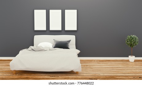 Empty Room, Bed Room Dark Wall On Wooden Floor .3D Rendering