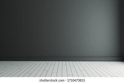 Empty room with black painted wall and white wooden floor realistic 3D rendering