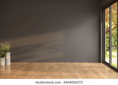Empty room with black walls, parquet floor and view yard from window, simple minimalist interior architecture background with copy-space, 3d Rendering