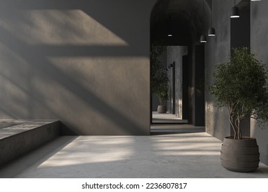 Empty room with black walls, white concrete floor and soft skylight from window, pool, simple minimalist interior architecture background with copy-space, 3d illustration - Powered by Shutterstock