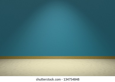 Empty Room With Blue Rough Wall, Beige Floor And Plinth Under Light Of Lamp