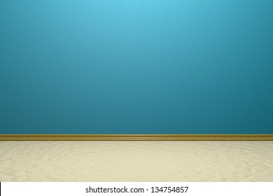 Empty Room With Blue Rough Wall, Beige Floor And Plinth