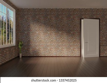 Empty room with brick wall and opened door. 3D rendering.