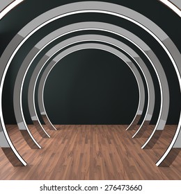 Empty Room Circle Decorate Black Wall And Wood Floor