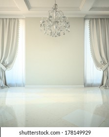 Empty room in classic style with crystal chandelier 3D