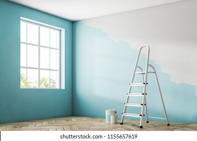 Empty Room Corner With A Large Window, A Wooden Floor And A Half Painted Blue Wall. A Ladder And Tins Of Paint. 3d Rendering Mock Up