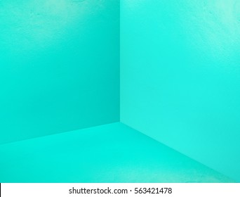 Empty Room Corner Painted In Pastel Green Color Studio Room Background,Mock Up Template For Display Or Montage Of Design Or Text.