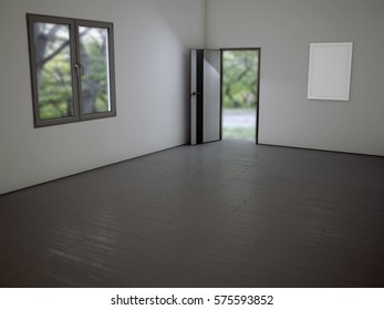 empty  room with the door and a window, 3d rendering