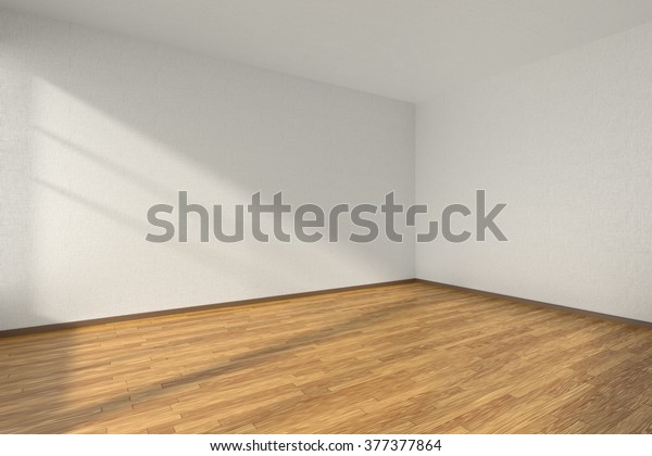 白いテクスチャーの壁紙と窓からの日差しを持つ 硬質木のパーケットの床と壁を持つ空の部屋 パースビュー 3dイラスト のイラスト素材