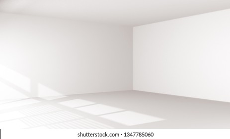 Empty Room Inside Interior, Realistic 3d Illustration. Abstract White Room, Sunlight Light Falling From Open Windows, Ceiling And Corner, Empty Wall. 