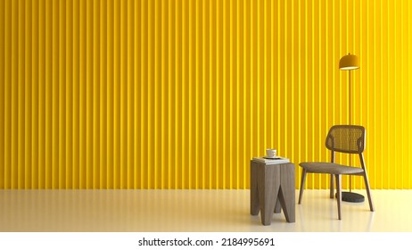 Empty Room For Interior In Accommodation With Yellow Wallpaper And One Vintage Chair, Small Wood Table And Floor Lamp. Mockup Paper Corrugated Space Wall, 3D Rendering, Without People Sunshine Concept