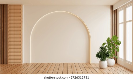 Empty room interior with arch wall design and hidden lighting, wooden floor and plants near window, modern japandi boho style mockup background- 3D rendering