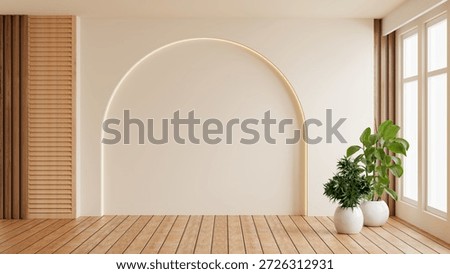 Empty room interior with arch wall design and hidden lighting, wooden floor and plants near window, modern japandi boho style mockup background- 3D rendering