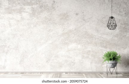Empty room interior background, gray stucco wall and beige parquet wooden floor, pot with plant, hanging lamp 3d rendering