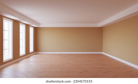 Empty Room Interior with Beige Walls, White Ceiling Cornice, Three Large Windows, Parquet Floor and a White Plinth. 3d render with a Work Path on the Windows. 8K Ultra HD, 7680x4320, 300 dpi - Shutterstock ID 2354573155