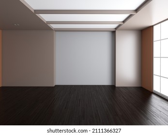 Empty Room Interior Concept With Large Floor To Ceiling Window. With Dark Parquet, Light Beige And Orange Walls, White Wall Niche, Ceiling Spotlights. High Quality 3D Render With A Work Path On Window