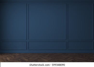 Empty Room Interior With Dark Blue Walls And A Dark Wooden Floor. Concept Of A Rennovation And A New Beginnig. 3d Rendering, Mock Up