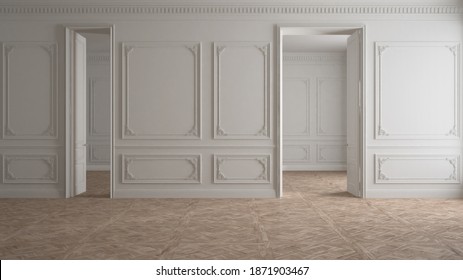 Empty Room Interior Design, Classic Open Space With White Walls And Parquet Wooden Floor, Walls With Trim Molding, Victorian Luxury Architecture, No People, Mock-up With Copy Space, 3d Illustration