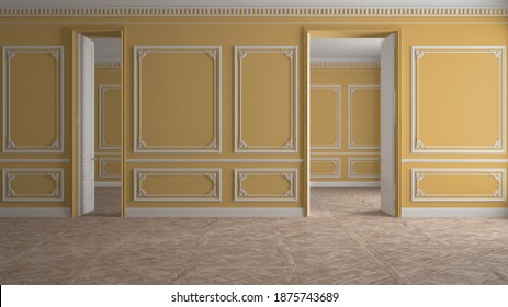 Empty Room Interior Design, Classic Open Space With Yellow And White Walls, Parquet Wood Floor, Walls With Trim Molding, Victorian Luxury Architecture, No People, Mock-up, Copy Space, 3d Illustration